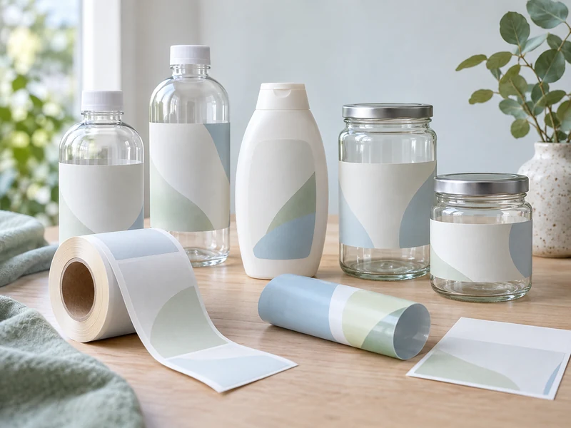 Bottles, jars, and label materials arranged for a packaging review