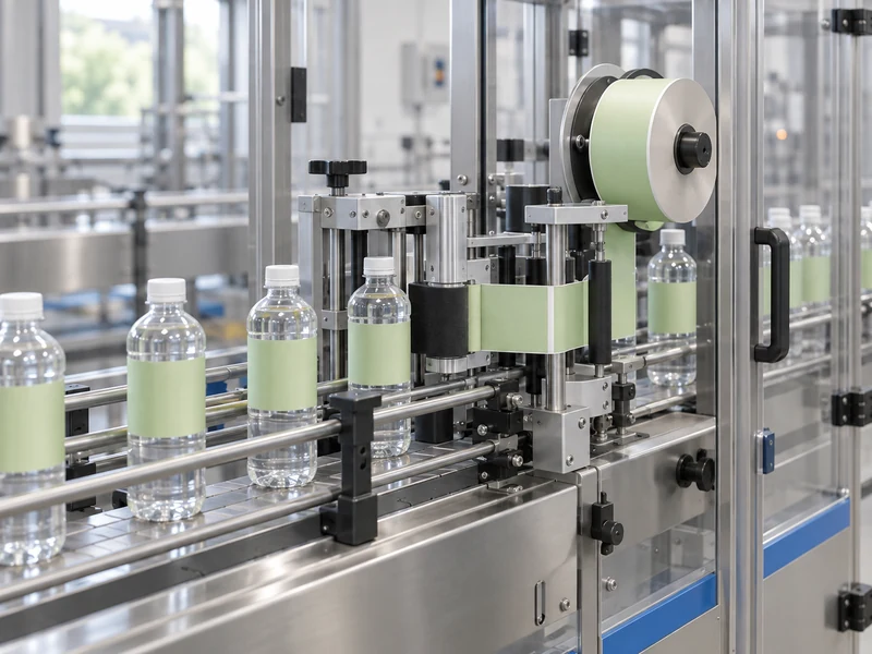 Conceptual bottle labeling station with a guarded conveyor