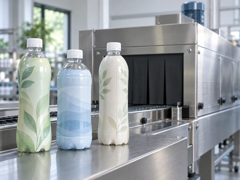Conceptual shrink sleeve bottles beside a heat tunnel Conceptual shrink sleeve bottles beside a heat tunnel