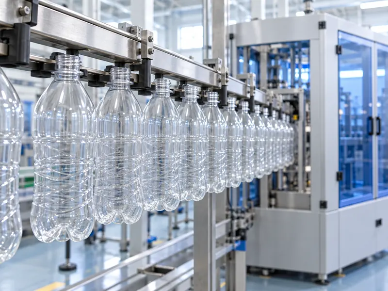 Empty PET bottles suspended by their necks on an automatic transfer conveyor Empty PET bottles suspended by their necks on an automatic transfer conveyor