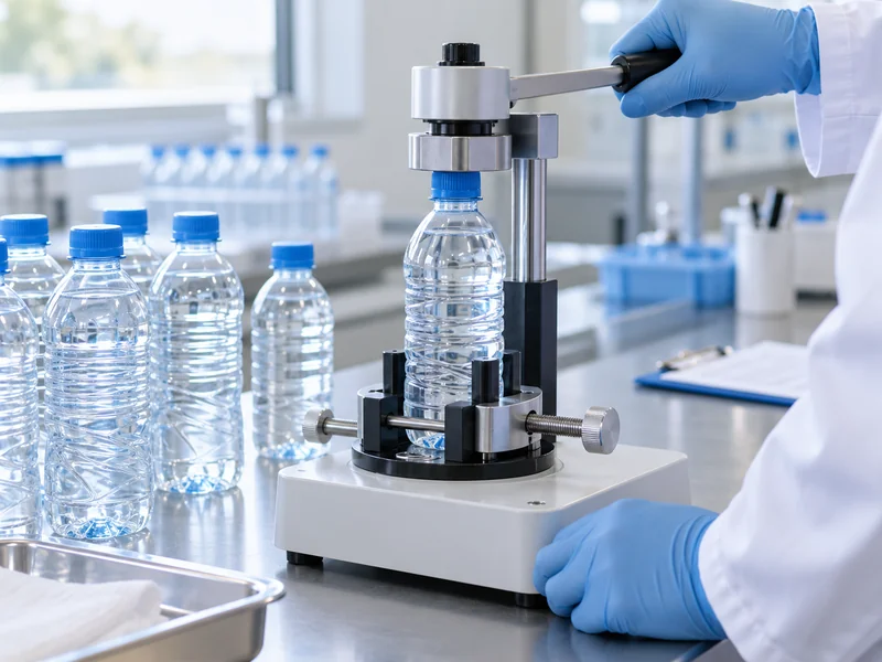 Capped bottle held in a manual closure torque tester Capped bottle held in a manual closure torque tester
