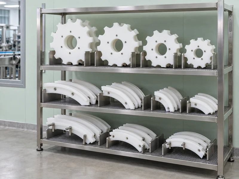 Starwheels and curved bottle guides stored on a parts rack Starwheels and curved bottle guides stored on a parts rack