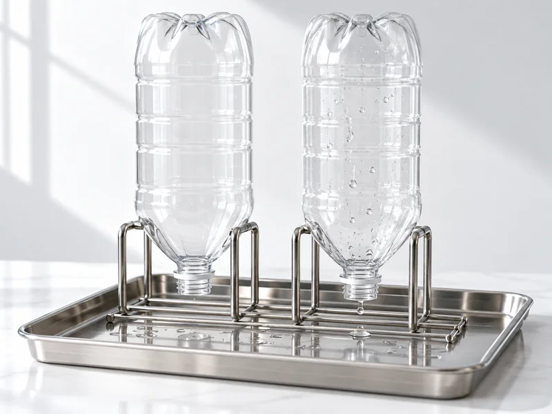 Two empty bottles inverted on a draining rack over a tray