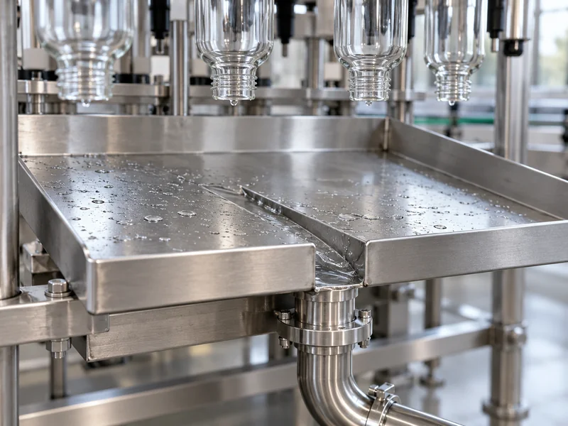 Sloped drainage tray beneath inverted bottle mouths