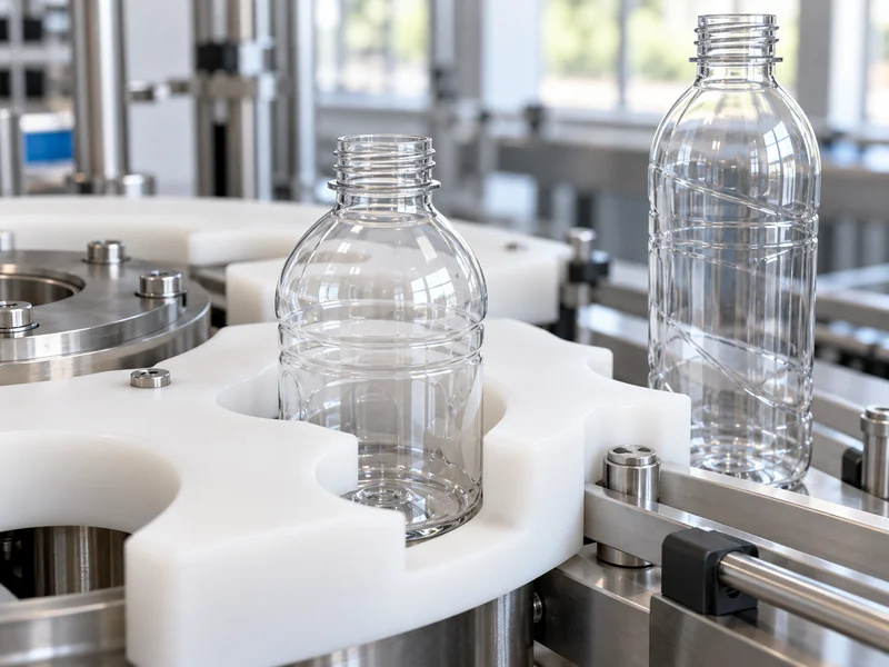 Clear bottle seated in a white polymer starwheel pocket Clear bottle seated in a white polymer starwheel pocket