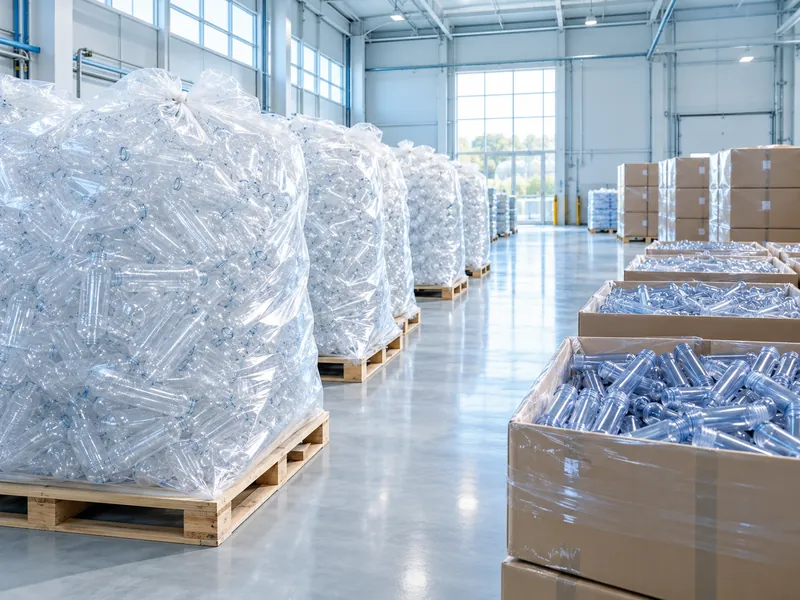 Bagged empty PET bottles and cartons of preforms arranged in a warehouse