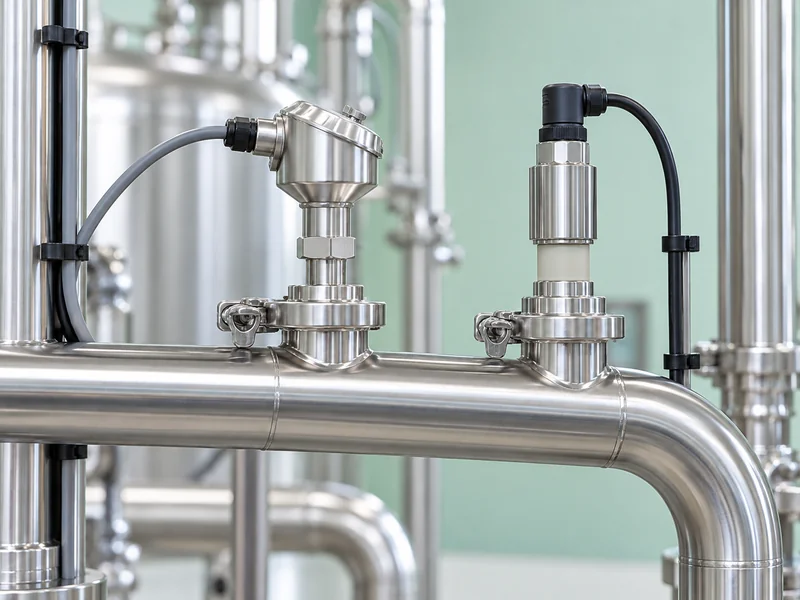 Two sensor fittings mounted on a stainless sanitary pipe