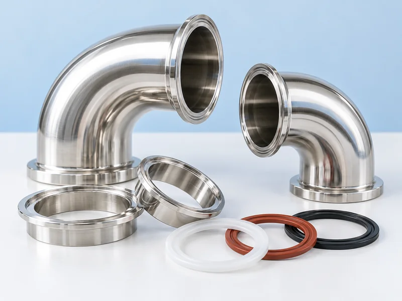 Stainless sanitary fittings beside colored sealing rings