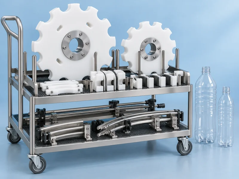 Bottle format parts and sample bottles arranged on a changeover cart