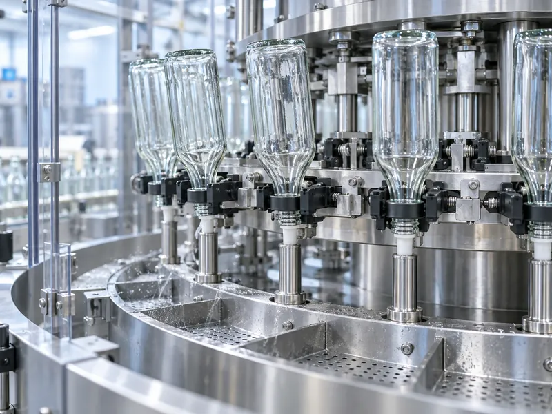 Inverted clear bottles held above a stainless rinsing tray