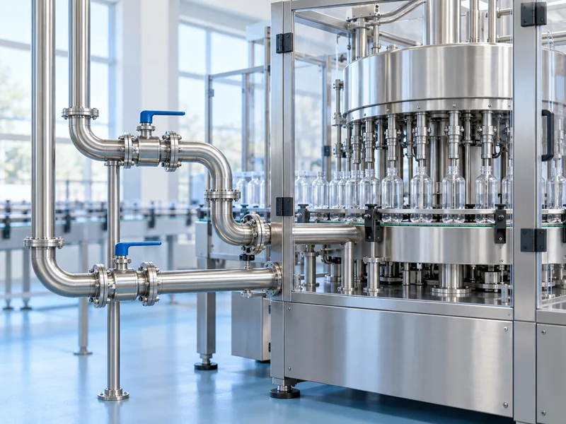 Sanitary pipework connected beside a guarded rotary filler