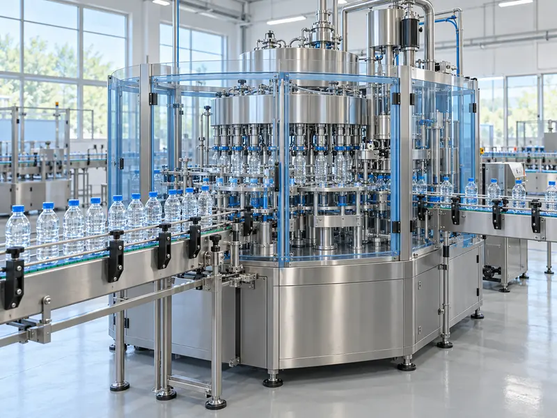 Guarded rotary filling machine with clear bottles on a conveyor