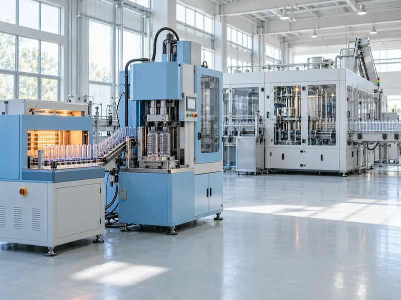Compact PET blowing station beside an enclosed automatic bottle production line