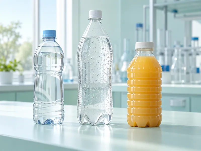 Water, carbonated beverage, and juice in three different PET bottle designs Water, carbonated beverage, and juice in three different PET bottle designs