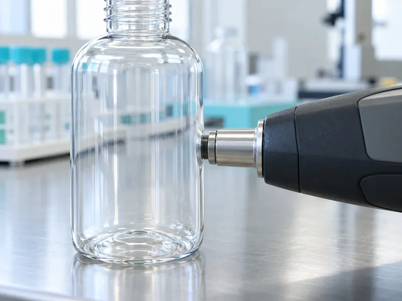 Measurement probe positioned against the sidewall of a clear PET bottle Measurement probe positioned against the sidewall of a clear PET bottle