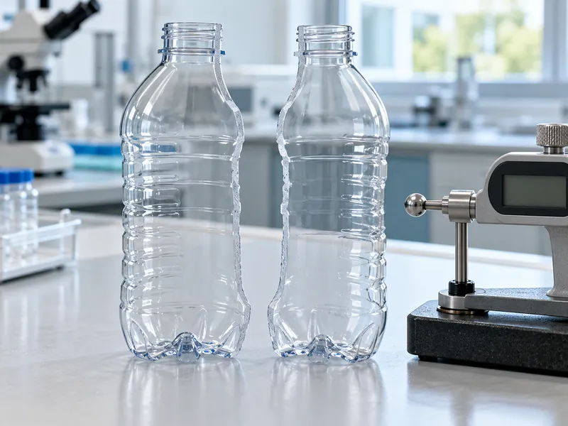 Cutaway PET bottle samples beside a thickness measuring instrument