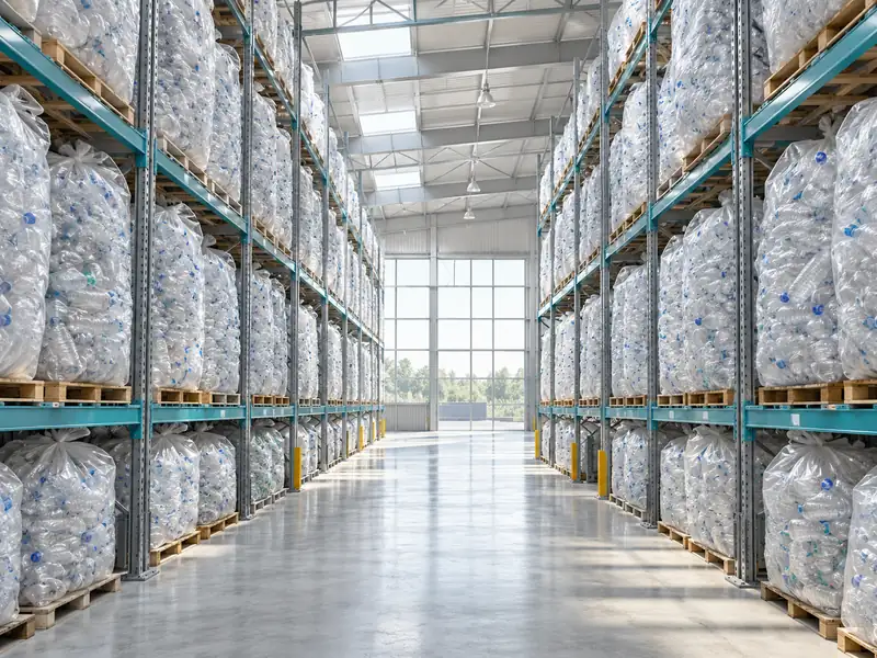 Pallet racks holding bagged empty PET bottles in a warehouse aisle