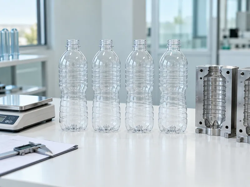 Four clear PET bottle samples beside a scale and bottle mold Four clear PET bottle samples beside a scale and bottle mold