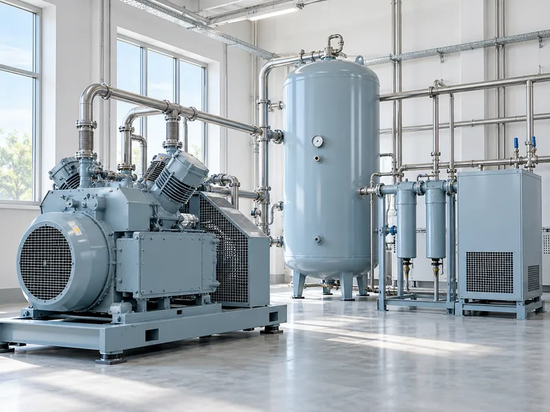 Industrial air compressors and vertical receivers in a bright utility room