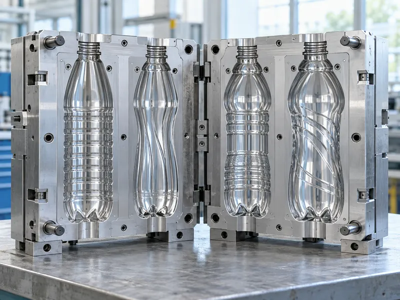 Four bottle-shaped cavities in polished metal tooling on a workshop bench