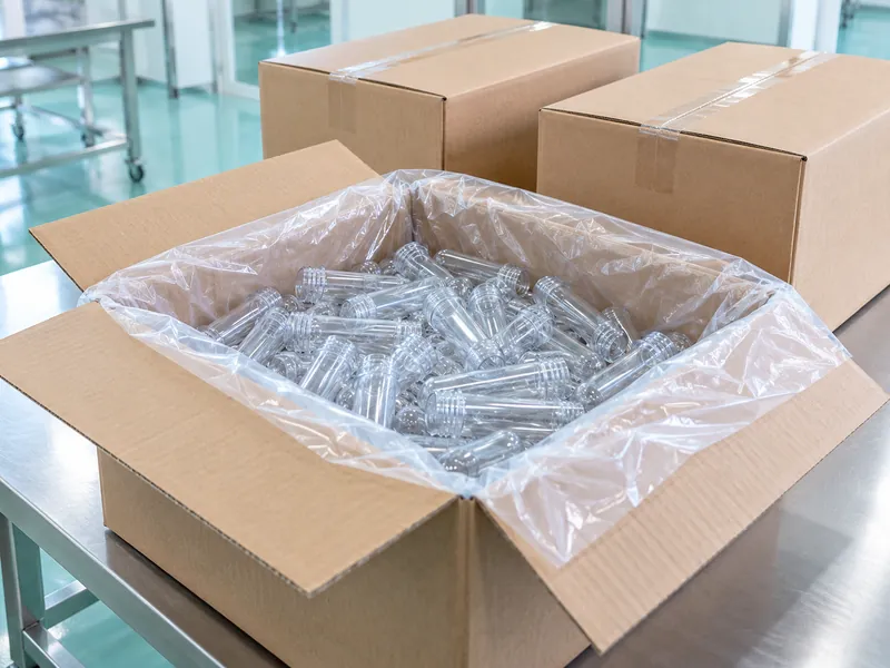Transparent PET preforms inside a lined cardboard shipping carton