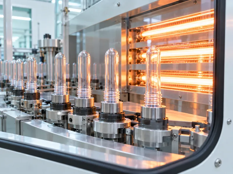Transparent PET preforms on oven carriers beside infrared heating lamps Transparent PET preforms on oven carriers beside infrared heating lamps