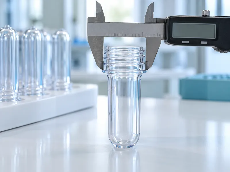 Digital caliper positioned around the threaded neck of a transparent PET preform Digital caliper positioned around the threaded neck of a transparent PET preform