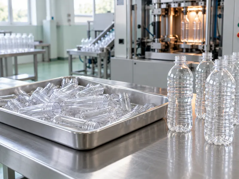 Transparent PET preforms in a tray beside finished clear bottles Transparent PET preforms in a tray beside finished clear bottles