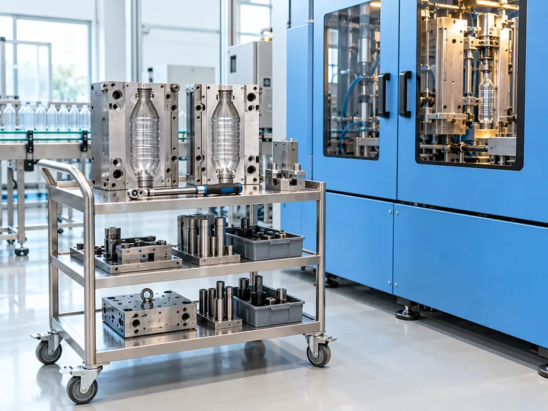 Bottle mold halves and changeover tools on a trolley beside a PET blowing machine Bottle mold halves and changeover tools on a trolley beside a PET blowing machine