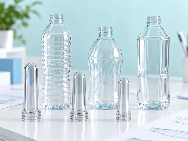 Three PET preforms arranged in front of bottles with different shapes