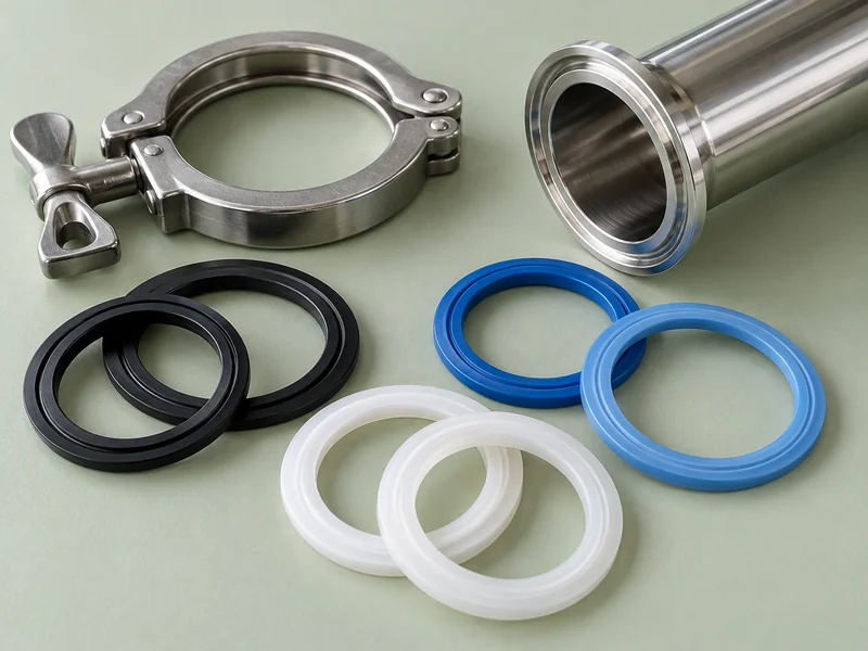 Elastomer sealing rings beside a sanitary clamp and pipe end