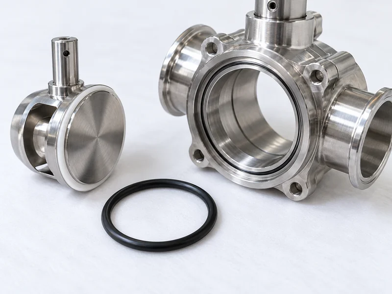 Disassembled stainless valve and a black seal ring on a white mat